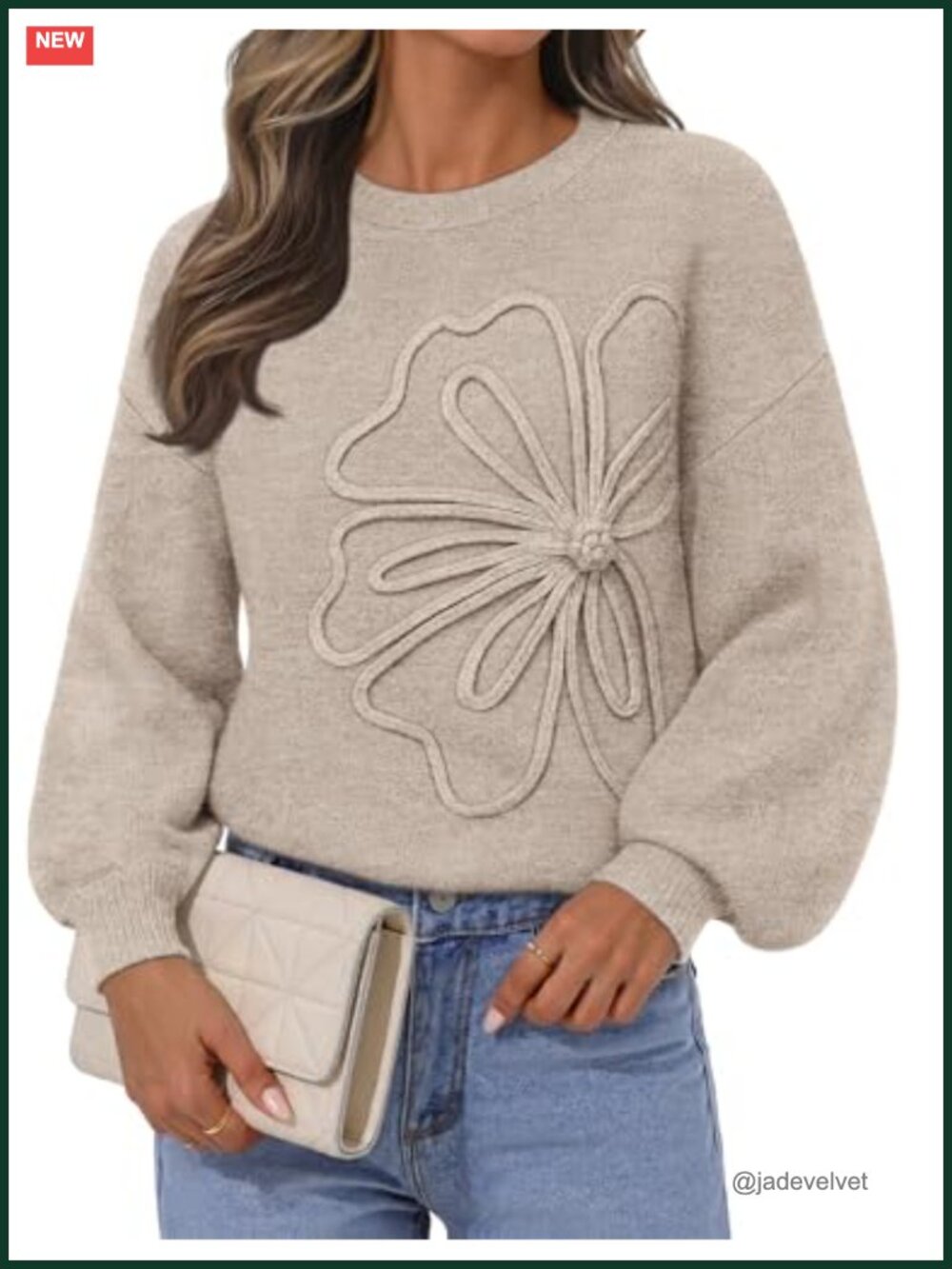 Womens Oversized Floral Knit Sweater Pullover Lantern Sleeve Fall Winter